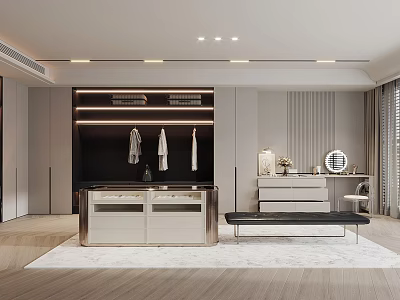 Elegant Modern Walk in Closet Interior Design With Hanging Clothes Dressing Table And Bench 3d model
