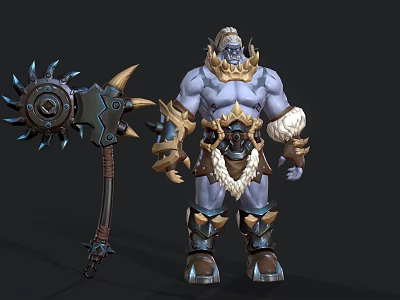 Muscular Blue Skinned Game Character With Golden Armor Fur And Giant Spiked Weapon 3d model