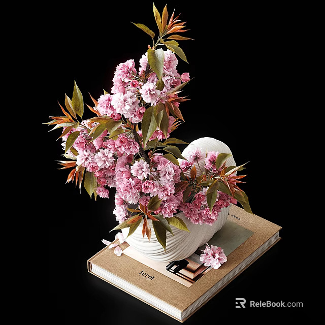 White Vase with Pink Flowers and Green Leaves Placed on Stacked Books for Home Decor 3d model 