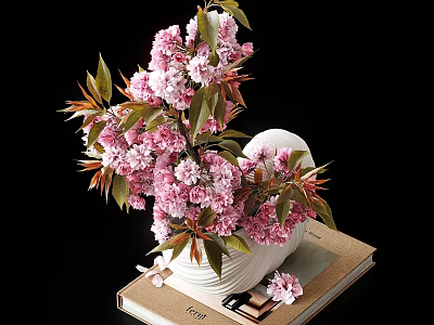 White Vase with Pink Flowers and Green Leaves Placed on Stacked Books for Home Decor 3d model