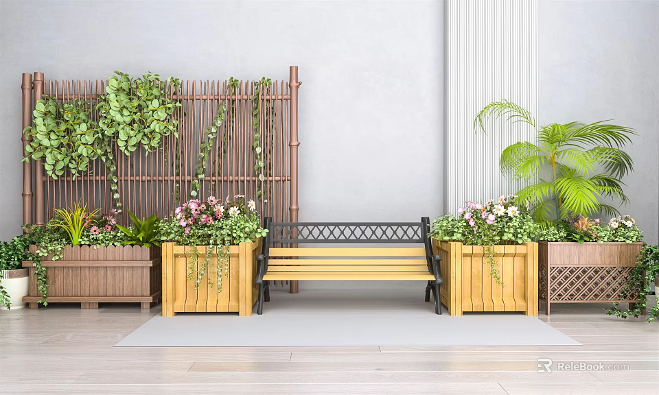 Charming Garden Accents with Bamboo Screen Climbing Plants Wooden Bench and Colorful Flower Planters 3d model 