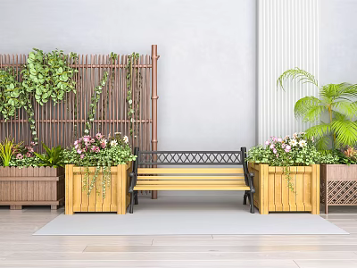 Charming Garden Accents with Bamboo Screen Climbing Plants Wooden Bench and Colorful Flower Planters 3d model