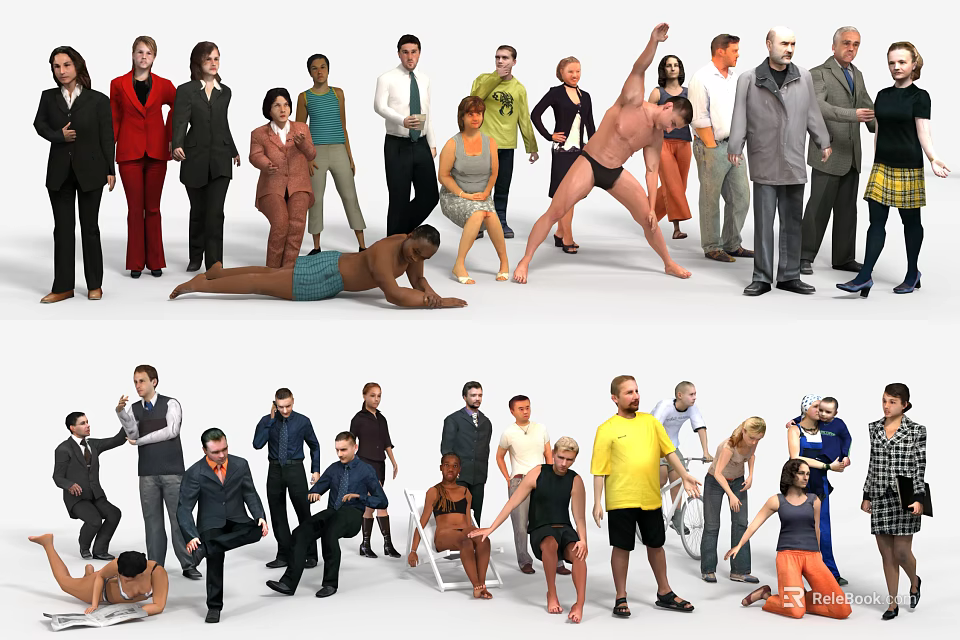 Group Of People In Various Poses And Different Outfits Standing Together 3d model 