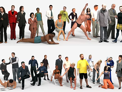 Group Of People In Various Poses And Different Outfits Standing Together 3d model
