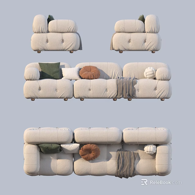 Modular Beige Casual Sofa Set with Green Brown White Pillows and Cozy Blanket 3d model 