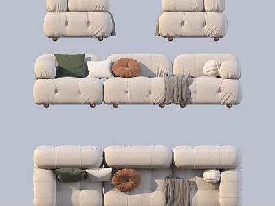 Modular Beige Casual Sofa Set with Green Brown White Pillows and Cozy Blanket 3d model