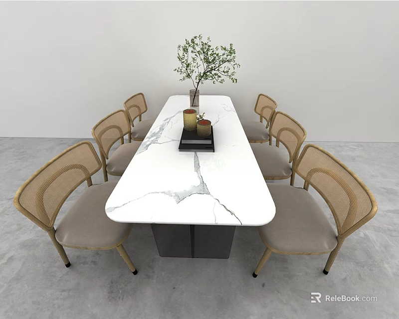 Modern Rectangular White Marble Dining Table With Eight Beige Upholstered Chairs And Decorative Plant Vase 3d model