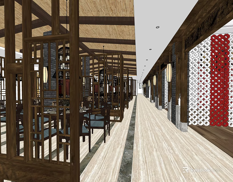 Traditional Chinese Restaurant Interior With Wooden Dividers Red Accents And Spacious Layout 3d model 