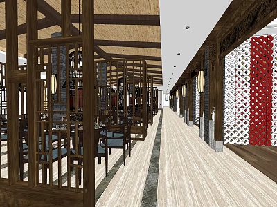 Traditional Chinese Restaurant Interior With Wooden Dividers Red Accents And Spacious Layout 3d model