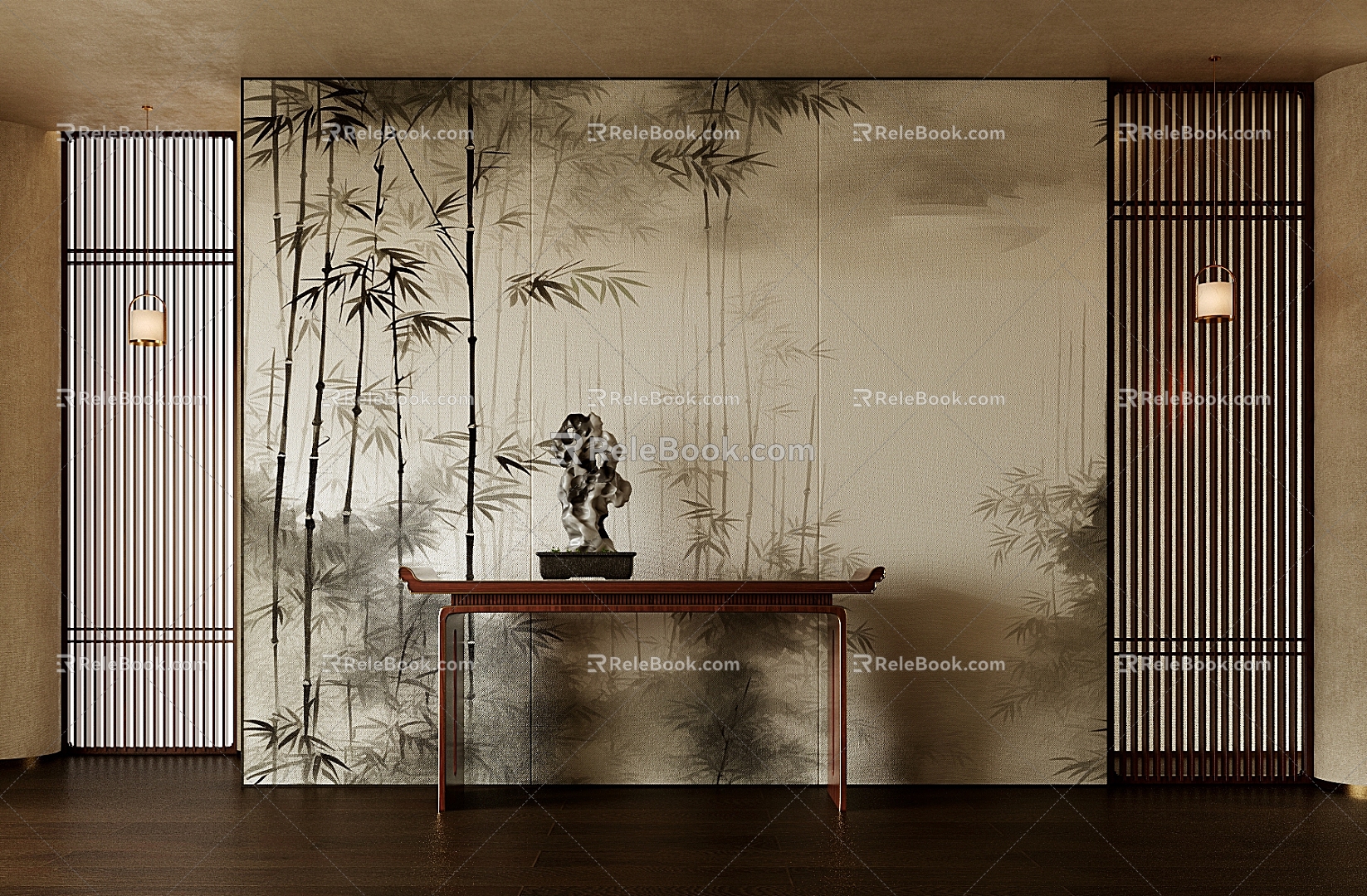 New Chinese Style Bamboo Wallpaper Grille Background Wall Luminous Light Film Background Wall 3d model