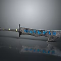 Decorative Broad Sword with Blue Engravings Yellow Handle Accents Metallic Texture Sharp Edge And Reflection