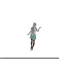 Woman with light blue hair wearing white shirt green bow tie and green plaid skirt