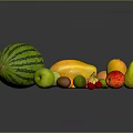 Colorful Assorted Fresh Fruits Watermelon Banana Mango Apple Pear Strawberry Arranged Together on Black Background