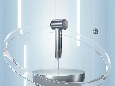 Silver Handheld Daily Appliance Featuring Transparent Circular Ring Base On Light Blue Background 3d model