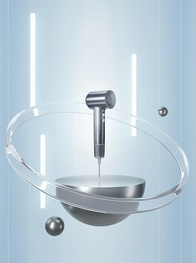 Silver Handheld Daily Appliance Featuring Transparent Circular Ring Base On Light Blue Background 3d model