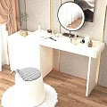 White Modern Vanity with Round Mirror Cosmetics Accessories and Black White Checkered Stool