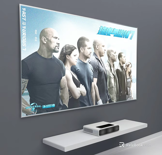 Wall Mounted TV Displaying Action Movie Poster With Characters On White Stand 3d model 