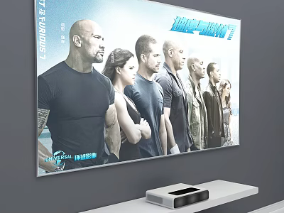 Wall Mounted TV Displaying Action Movie Poster With Characters On White Stand 3d model