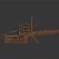 Vintage Industrial Equipment Wooden Mechanical Structure With Wheel And Support Frames