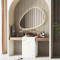 Modern Bathroom Vanity With Marble Countertop Lighted Oval Mirror Vertical Striped Wall And Green Plant