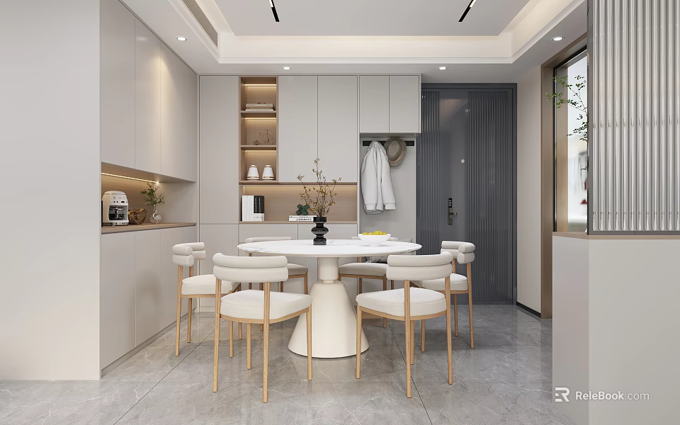 Modern Restaurant Interior Design With Round Dining Table Beige Chairs And White Cabinets 3d model