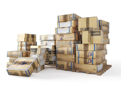 Stacked Cardboard Boxes of Various Sizes with Labels on White Background 3d model