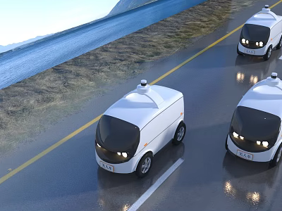 Three White Utility Vehicles With Roof Sensors Driving On Road Near Water And Mountains 3d model