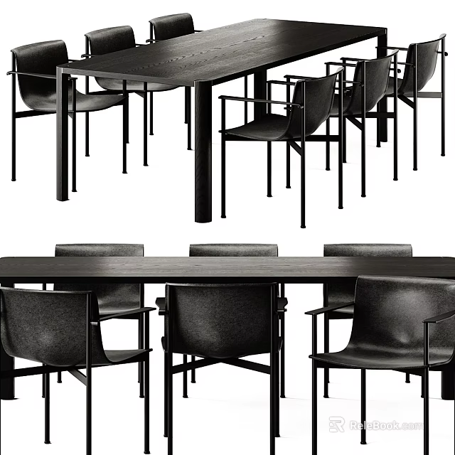 Modern Black Dining Table Set With Leather Upholstered Chairs And Metal Legs 3d model 