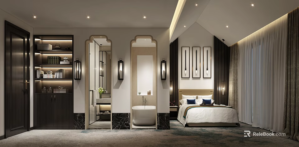 Luxurious Hotel Room Interior With Bed Bathroom Mirrored Walls Wall Lamps And Framed Artworks 3d model 