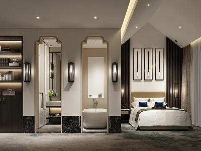 Luxurious Hotel Room Interior With Bed Bathroom Mirrored Walls Wall Lamps And Framed Artworks 3d model