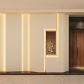 Modern Foyer Design With White Walls Vertical Light Strips Decorative Niche And Dark Wooden Door
