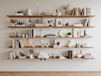 Wooden Shelves Display Decorative Ornament Combination With Books Sculptures Frames Plants Clock And Cloud Decor 3d model