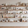 Wooden Shelves Display Decorative Ornament Combination With Books Sculptures Frames Plants Clock And Cloud Decor
