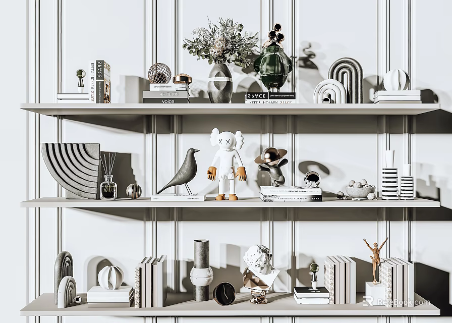 Modern Minimalist Decorative Ornament Combinations On Shelves With Books Vases Sculptures And Geometric Pieces 3d model 