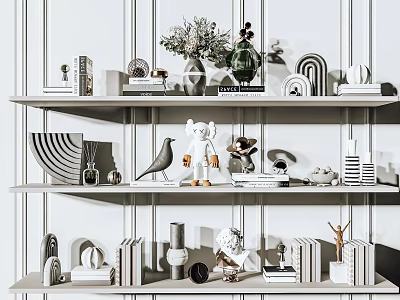 Modern Minimalist Decorative Ornament Combinations On Shelves With Books Vases Sculptures And Geometric Pieces 3d model