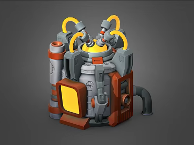 Cartoon Mechanical Device Scene With Yellow Orange Pipes And Display Screen 3d model