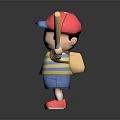 Child Wearing Red Cap And Striped Shirt Pointing With Baseball Bat And Backpack