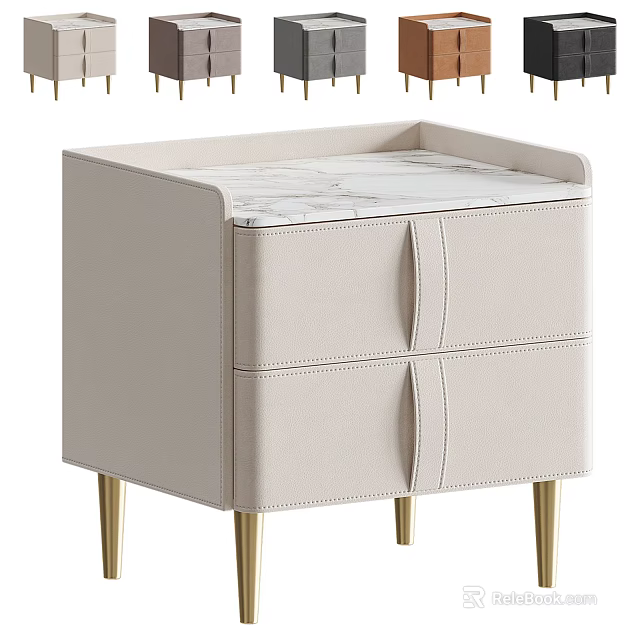 Beige Leather Upholstered Bedside Table With Marble Top And Gold Metal Legs 3d model 
