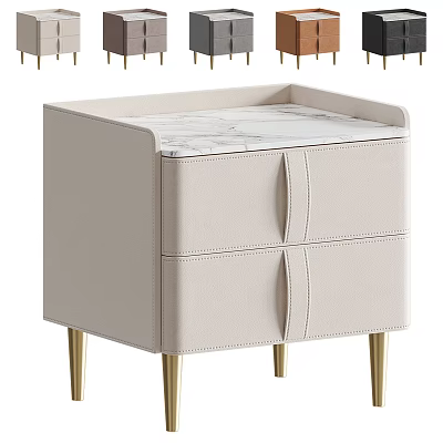 Beige Leather Upholstered Bedside Table With Marble Top And Gold Metal Legs 3d model