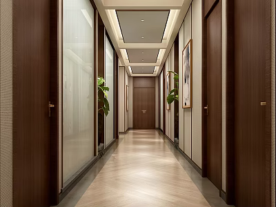 Elegant Hotel Corridor With Dark Wooden Doors Light Wooden Flooring Recessed Lighting Decorative Paintings And Green Plants 3d model
