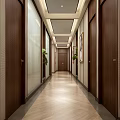 Elegant Hotel Corridor With Dark Wooden Doors Light Wooden Flooring Recessed Lighting Decorative Paintings And Green Plants