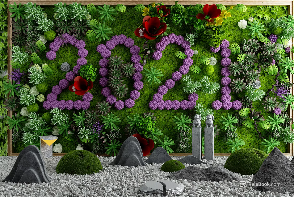 Creative Garden Ornament with 2021 Purple Flowers Red Blooms Green Plants and Stones 3d model 