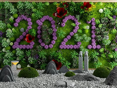 Creative Garden Ornament with 2021 Purple Flowers Red Blooms Green Plants and Stones 3d model