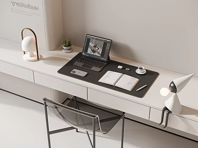 Modern Laptop Workspace Setup With Desk Lamp Notebook Coffee Cup And Green Plant 3d model