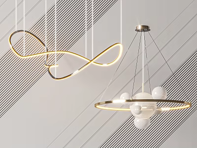 Modern Curved And Circular Chandeliers In Interior With Illuminated Lines And White Spheres 3d model
