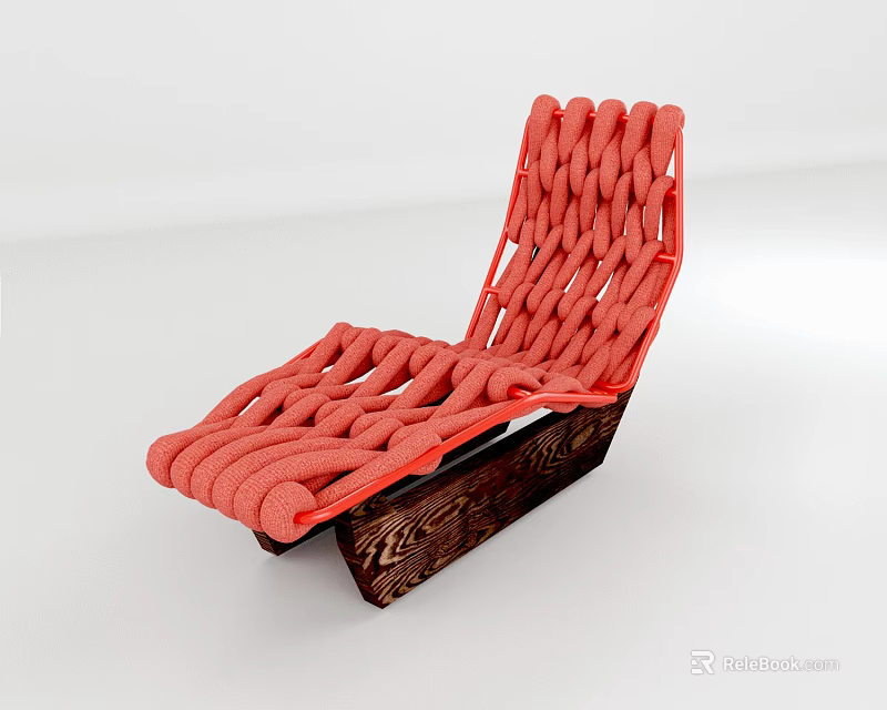 Modern Woven Orange Lounge Chair With Curved Structure And Wooden Base 3d model 