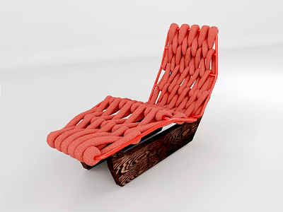 Modern Woven Orange Lounge Chair With Curved Structure And Wooden Base 3d model