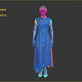 Woman In Blue Qipao With Stand Up Collar Short Sleeves Floral Hem Against Gray Background