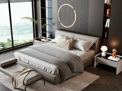 Modern Double Bed with Leather Headboard Circular Wall Light Bench and Nightstand in Luxury Bedroom 3d model