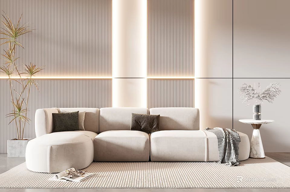 Modern Multi-person Sofa With Beige Upholstery Plant Side Table Striped Rug And Ambient Lighting 3d model 